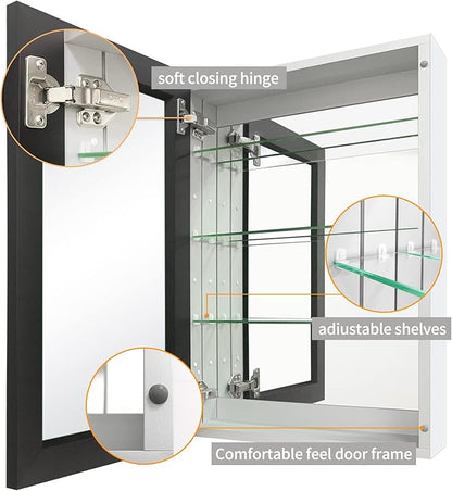 Bathroom Medicine Cabinet with Farmhouse Black Aluminium Alloy Framed 26(H) x 16(W) Inches Recess or Surface Mount Mirror Cabinet for Bathroom Toilet Kitchen