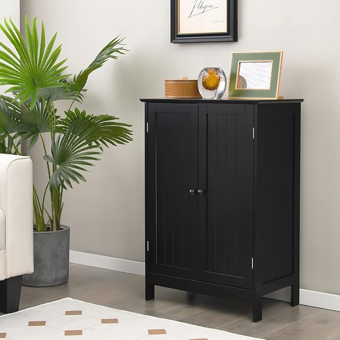 Tangkula Freestanding Storage Cabinet with Double Doors and Shelf, Modern Home Furniture, Wooden Home Organizer for Living Room, Bathroom Storage Cabinet (Black)