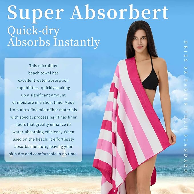 Microfiber Extra Large, Oversized Beach Towels (70''x35'') - 4 Pack XL Quick Dry Striped Towels for Adults & Women，Sand Free for Pool, Spa, Swim & Travel - Ultra Absorbent & Lightweight