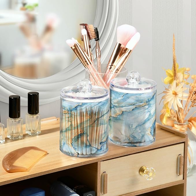 MNSRUU 2 Pack Qtip Holder Organizer Dispenser Sky Blue Marble Bathroom Storage Canister Cotton Ball Holder Bathroom Containers for Cotton Swabs/Pads/Floss