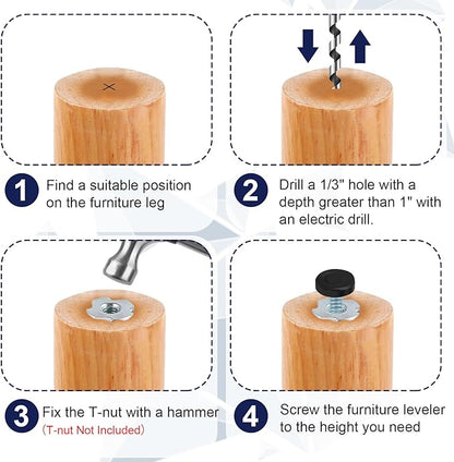 1/4" Thread Furniture Feet Levelers, 12 PCS Adjustable Furniture Feet Threaded Screw in, Leveling Feet Screw On Furniture Glide Leveling for Table, Cabinets, Chairs, Stool Legs