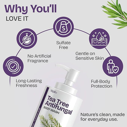 Antifungal Tea Tree Body Wash - Antibacterial Body Wash for Jock Itch, Eczema, Back Acne, Ringworm Treatment for Humans | Antibacterial Soap For Men & Women with 1% Tolnaftate & Tea Tree Oil - 16.9 oz