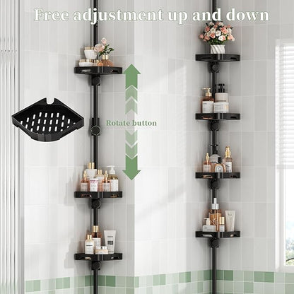 Tension Pole Shower Caddy Organizer with4 Tier L-Shaped Rust Resistant Bathroom Corner Shelves with 34-124 Inch Adjustable No Drilling Quick Install Shower Rack for Bath Essentials (Black)