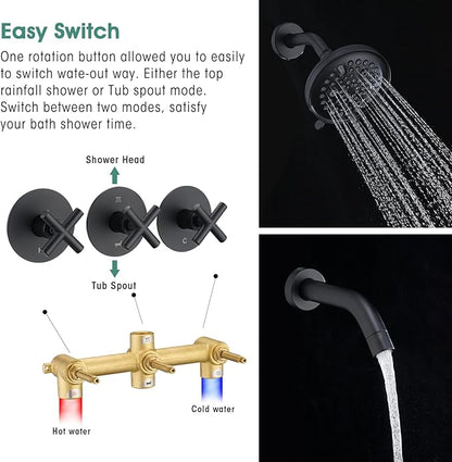 PROOX 3 Handle Tub Shower Faucet Set, 9-Setting Rainfall Shower Head with Tub and Shower Trim Kit with Rough-in Valve, Matte Black Bathtub Shower Faucets, Wall Mounted Bathroom Rain Shower System