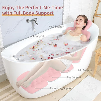 Luxury Bath Cushion, Full Body Bathtub Pillow with 160 Suction Cups, Bath Mat for Head and Neck Support, with Laundry Bag (Light Pink, 60.2" x 16.2")