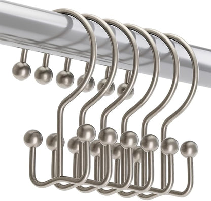 Titanker Shower Curtain Hooks Matte Nickel, Minimalist Simple Double Glide Shower Curtain Rings, Rust Proof Metal Shower Hooks Rings for Bathroom Shower Rods Curtains, Set of 12 Hooks