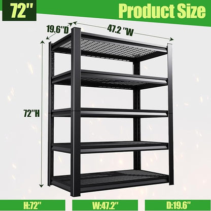 Garage Shelving,Heavy Duty Garage Storage Shelves,Metal Shelving Unit,5 Tier Adjustable Steel Utility Shelf,Use for Basement,Warehouse, Pantry Closet,Black (72" H*47.2" W*19.7" D)
