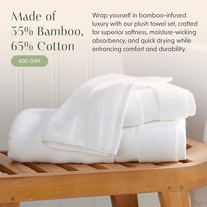 Springtree Home Luxury Bamboo Rayon Bath Towel Set 6 Piece Set | 35% Bamboo Rayon - 65% Zero Twist Cotton | Absorbent Quick-Dry Towels for Bathroom | Oeko-TEX Standard 100 Cotton | White