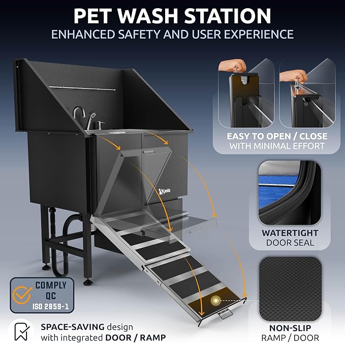 KANIS Black Line Professional Dog Washing Station - 304 Stainless Steel Pet Wash Sink & Grooming Bathtub w/Shower, Floor Grates and Storage for Large, Medium & Small Pets (40", 1 Drawer - Left Ramp)
