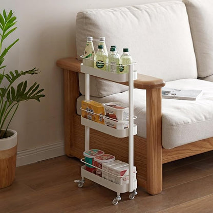 Rolling Storage Cart, 3 Tier Bathroom Organizer Mobile Shelving Unit, Metal Utility Cart Tower Rack for Kitchen Laundry Narrow Places(Fully Assembled Furniture, White)