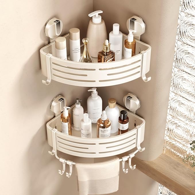 VOLPONE Corner Shower Caddy Suction Cup Shower Shelf Corner No Drilling Bathroom Shower Organizer Storage Rack Adhesive with Towel Bar Hooks(2-Pack, Ivory)