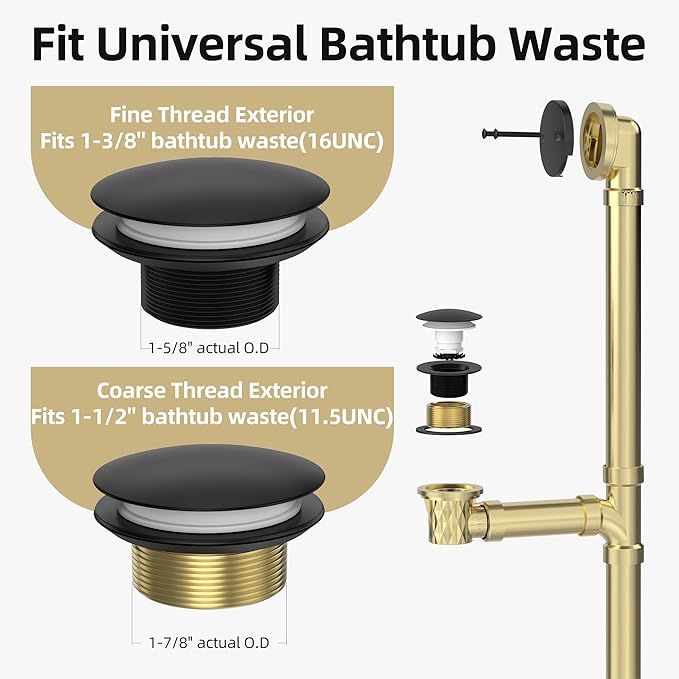 Matte Black Tub Drain Kit with Hair Catcher, Premium Brass Mushroom Tip-Toe Bathroom Tub Drain Replacement and 2-Hole Overflow Faceplate, 11.5/16 UNC Bathtub Drain Stopper Assembly