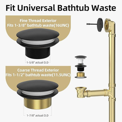 Matte Black Tub Drain Kit with Hair Catcher, Premium Brass Mushroom Tip-Toe Bathroom Tub Drain Replacement and 2-Hole Overflow Faceplate, 11.5/16 UNC Bathtub Drain Stopper Assembly