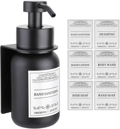 Black Glass Soap Dispenser Wall Mount for Bathroom with Pump and Drill-Free Holders - 8.5 Oz Hand Soap Dispenser, Shower Dispenser with Waterproof Labels