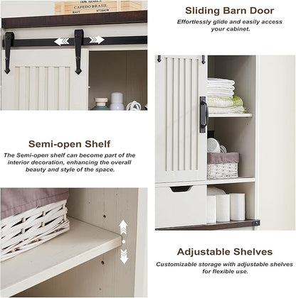 Over The Toilet Storage Cabinet, Farmhouse Storage Cabinet with Adjustable Shelves and Sliding Barn Door, Free Standing Over Toilet Bathroom Organizer (Antique White)