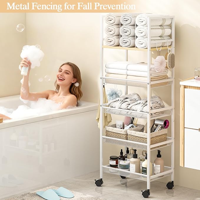 5-Tier Bathroom Storage Shelf, Mobile Metal Free Standing Shelving Unit with Wheels, Towel Rack Organizer with M-Shaped Detachable Dividers & 4 S-Hooks, Rolling Cart for Bathroom Laundry Kitchen,White