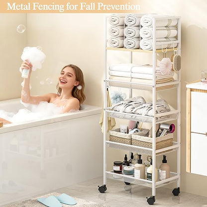 5-Tier Bathroom Storage Shelf, Mobile Metal Free Standing Shelving Unit with Wheels, Towel Rack Organizer with M-Shaped Detachable Dividers & 4 S-Hooks, Rolling Cart for Bathroom Laundry Kitchen,White