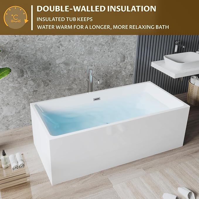59" Freestanding Bathtub，Acrylic Deep Soak Tub, Glossy White, Easy Install with Overflow & Drain