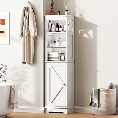 Narrow Bathroom Storage Cabinet with Door and Open Adjustable Shelves, 60.9" H Wooden Tall Tower Corner Farmhouse Cabinet, Freestanding Organizer for Kitchen, Entryway White