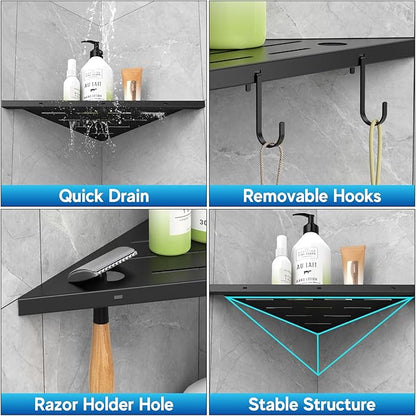 Corner Shower Shelves, 10" Matte Black 304 Stainless Steel Recessed Shelf for Bathroom，Grout in Shelf with Hooks for Tiled Wall 2 Pack (Black)