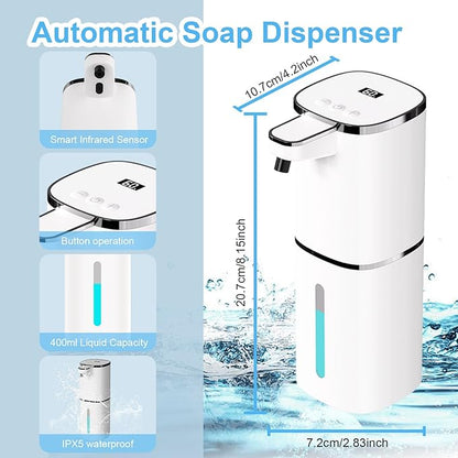 Automatic Foaming Soap Dispenser Touchless, USB Rechargeable Smart Hand Soap Dispenser, 9-Level Adjustable, Physical Button Operation, 13.5oz/400mL Wall Mounted for Bathroom Kitchen Dish Soap