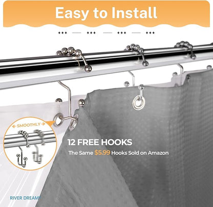 River Dream Grey Shower Curtain with Liner Set, Waffle Fabric Shower Curtain and Waterproof Clear Liner Set with Double Sided Metal Hooks, 72" W*72" H