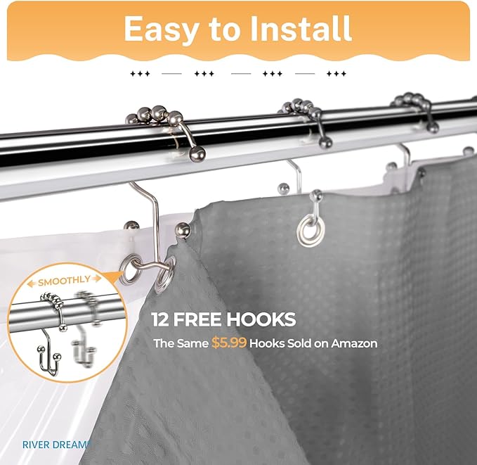 River Dream 3 in 1 Shower Curtain Set, Extra Long Waffle Fabric Shower Curtain and Waterproof Clear Liner Set with Double Sided Metal Hooks, Grey, 72" W*84" H