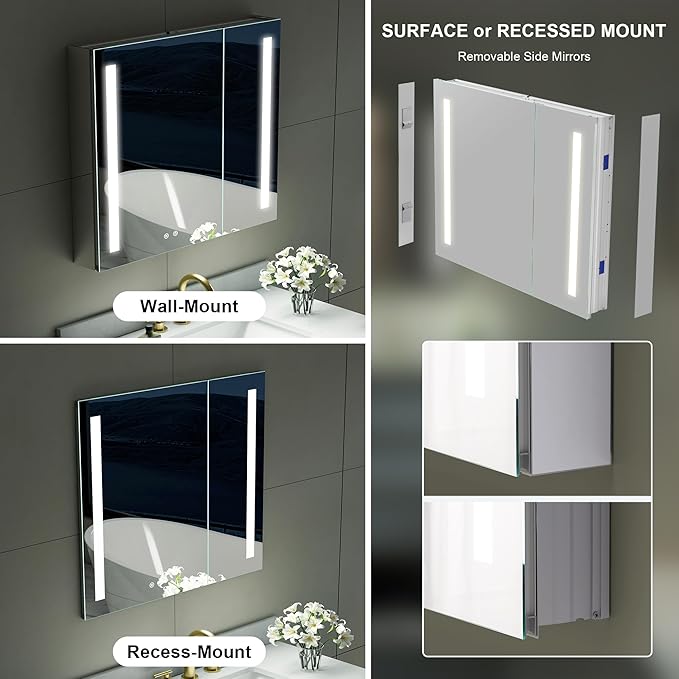 WELLFOR 36" X 30" LED Medicine Cabinet with Mirror, Double Opening Door, Recessed or Surface Cabinet Mirror, Bathroom Mirror Cabinet, Medicine Cabinet with Lights with Outlets & USB Ports