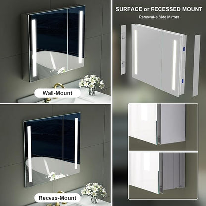 WELLFOR 36" X 30" LED Medicine Cabinet with Mirror, Double Opening Door, Recessed or Surface Cabinet Mirror, Bathroom Mirror Cabinet, Medicine Cabinet with Lights with Outlets & USB Ports