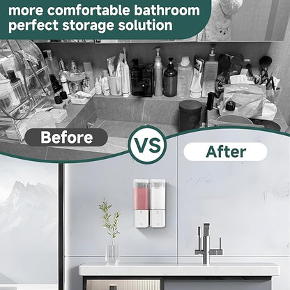 Shampoo and Conditioner Dispenser Wall Mounted No Drill, Shower Soap Dispenser 2 Chamber Shampoo Conditioner Body Wash Refillable 2 * 17oz Shower Soap Dispenser for Bathroom Hotel, White+Clear