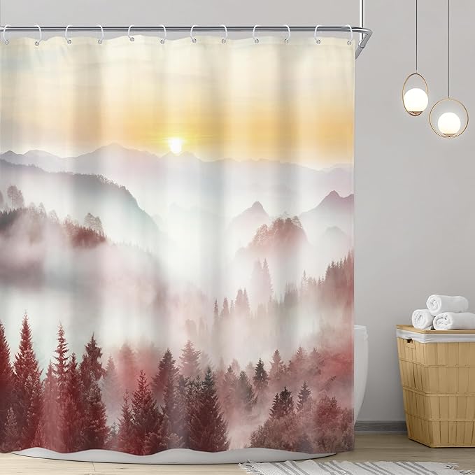 Riyidecor Misty Mountain Shower Curtain 60Wx72H Inch Red Sunrise Nature Scenery Foggy Pine Tree Scenic Woodland Modern Natural Landscape Cool Bathroom Decor Fabric Polyester Waterproof 12 Pack Hooks