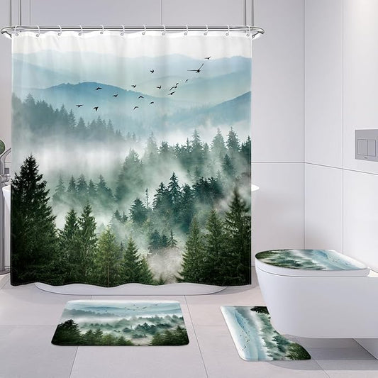 Riyidecor 4PCs Shower Curtain Sets Green Bathroom Curtain with Non-Slip Rugs Mountain Scenic Toilet Lid Cover and Bath Mat Tree Nature Woodland Waterproof 12 Hooks 72x72 inch Mens Bathroom Decor
