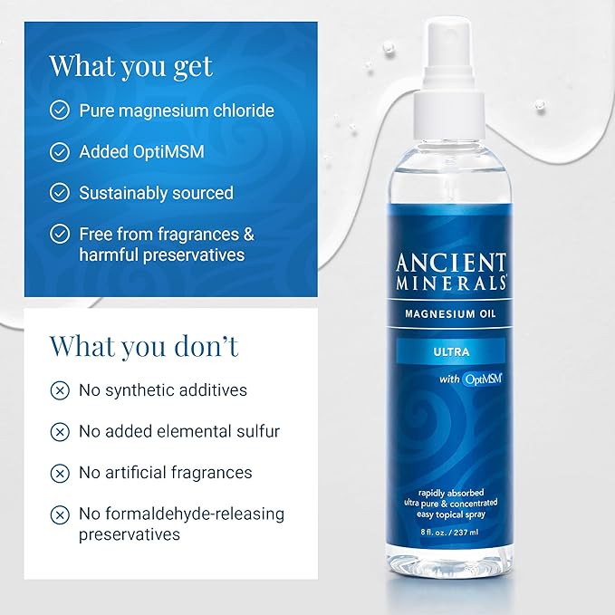 Ancient Minerals Magnesium Oil Ultra with OptiMSM, Refill 33.8 oz. - Pure Genuine Zechstein Magnesium Chloride Supplement with MSM - Best Topical Skin Application for Dermal Absorption