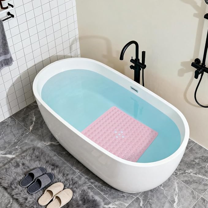 Anti-Slip Bathtub Shower mat, 20.8×20.8（Approximately 53×53cm） inch Soft Oversized Machine Washable Non-Slip Bathtub mat with Drainage Holes, Bathroom Floor Suction Cup.（1-Opaque Pink）