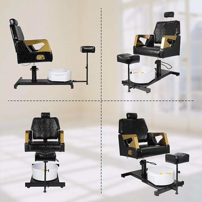 Pedicure Chair with Stool & Massage Foot Bath, 360° Swivel Pedicure Station Hydraulic Adjustable Height No Plumbing for Foot Spa Black