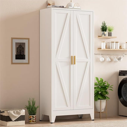 Metal Kitchen Pantry Cabinet,71" White Farmhouse Storage Cabinet with 2 Vintage Barn Doors and 4 Adjustable Shelves, Rustic Freestanding Cupboard for Kitchen,Home Office Living Room,Dining Room