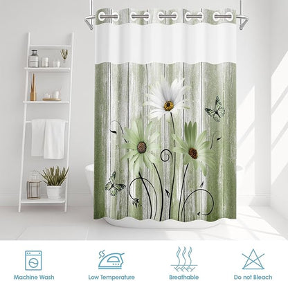 No Hook Daisy and Butterfly Shower Curtain with Snap in Fabric Liner Set, Green Rustic Farmhouse Double Layers Waterproof Fabric with See Through Top Window Open Grommet Bath Curtain 71x86 Inch