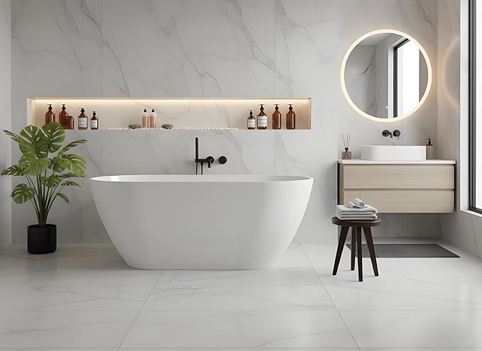 Freestanding Bathtub 67 inch Acrylic Soaking Bathtub with Chrome Drain & Overflow, Free Standing Bathtub for Spa-Inspired Bathroom, Deep Stand Alone Tub for Relaxation