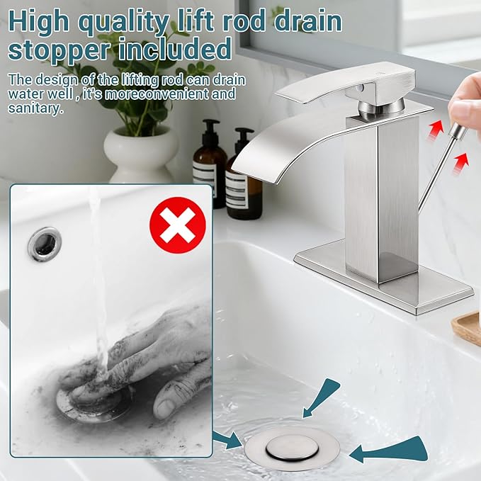 Bathroom Faucets with Lift Rod Drain Brushed Nickel Waterfall Bathroom Sink Faucet Modern Single Handle Bathroom Faucet for 1 or 3 Hole Mxier Tap Washbasin Faucet with Deck