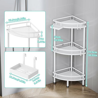 HapiRm Standing Corner Shower Caddy - 3 Tier Shower Organizer Corner with Soap Holder and 4 Hooks, Rustproof Bathroom Storage Shelves with Adhesives, White