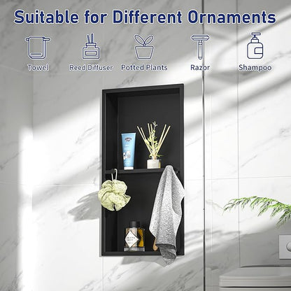 Stainless Steel Shower Niche w/Hooks, Wall Vertical Niche Without Tiling, Recessed Shower Shelf for Bathroom Storage, Over-Mount Installation (Black, 12'' x 24'')