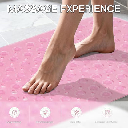 Anti-Slip Bathtub Shower mat, 39.3×15.7 inch（Approximately 100 × 40cm） Soft Oversized Machine Washable Non-Slip Bathtub mat with Drainage Holes, Bathroom Floor Suction Cup.（1-Clear Pink）
