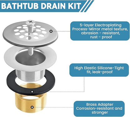 Trip Lever Bath Tub Drain Kit, Universal for 1-1/2" and 1-3/8" Bathtub Drain Replacement, No Putty Installation Bathtub Drain Set with Trip Lever Overflow Faceplate and Strainer, Tub Trim Kit