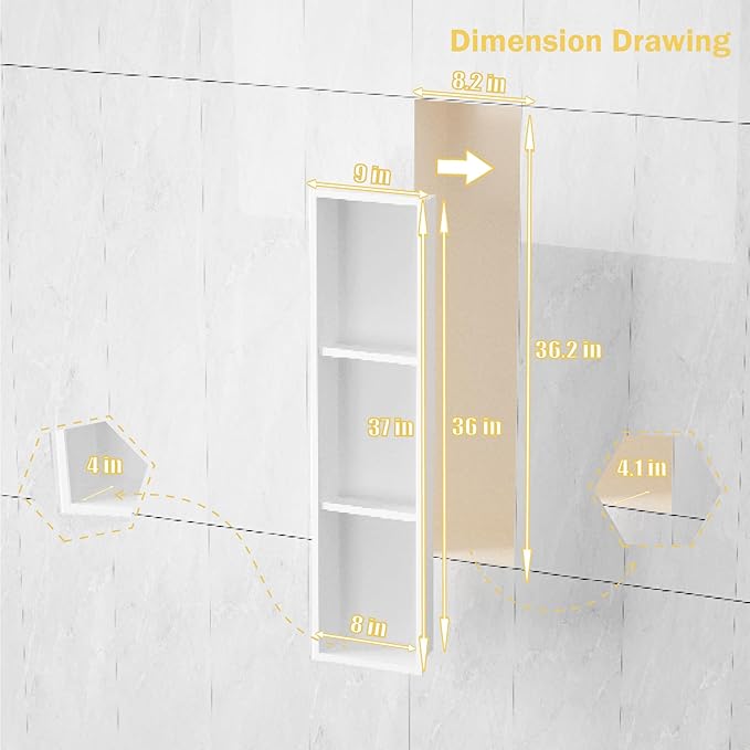Narrow Shower Niche with Shelf，Stainless Steel recessed Wall Niche ，Three-Tier Shelves with Bathroom Storage/Remodel， Matte White （ 8"x 36"）