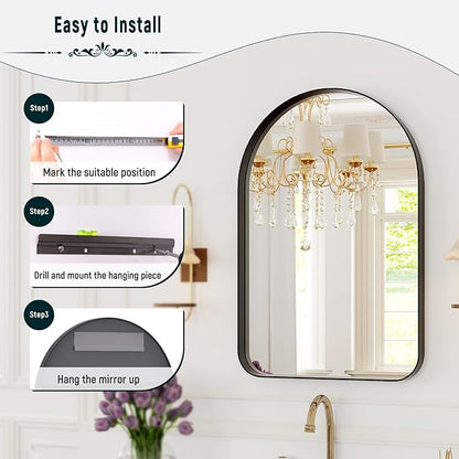GLSLAND 24”x36“ Black Arched Bathroom Mirror - Aluminum Alloy Framed Wall- Matted Wall Mirrors for Bedroom, Entryway Mirrors for Wall