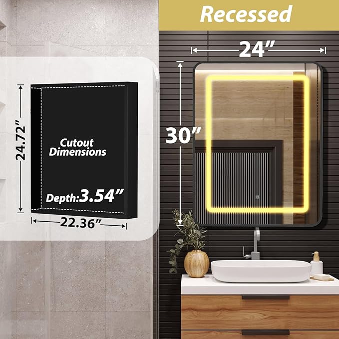 APRILSOUL 24X30 Inch Black Bathroom Medicine Cabinet with Mirror, Recessed or Surface Lighted Medicine Cabinet with 3 Colors Temperature, Dimmable Light