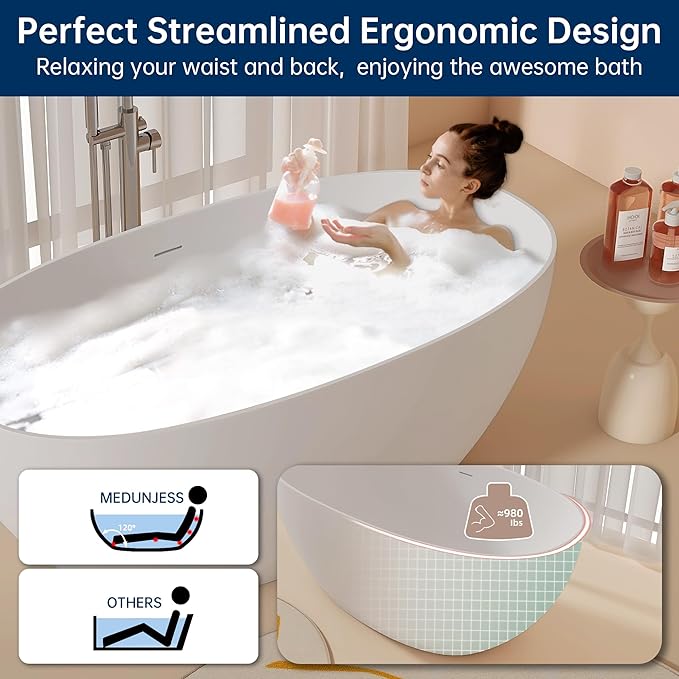 59'' Stone Resin Freestanding Bathtub, Bathroom Solid Surface Tub Bathtubs soaker Tubs Oval Shaped Matte Luxury Modern Soaking Tub with Overflow and Pop-up Drain - White
