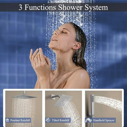 Brushed Nickel Shower System, Knob Switch Diverter Shower Faucet Set with High Pressure Handheld Spray, Ceiling Mount 10 Inch Shower Head with 6 Inch Wall Mount Shower Head