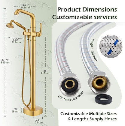 Luxury Free Standing Tub Faucet, Classic Brass Freestanding Bathtub Faucet, Lexdale Bathroom Floor Mount Tub Filler with handheld Sprayer Supply Lines Included Brushed Gold (LD8911-BG)