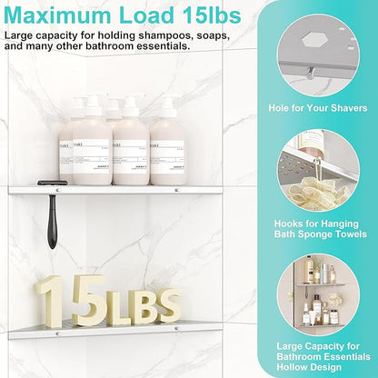 10" Bathroom Corner Shelf, 2 Pack Recessed Shower Shelf Caddy, SUS304 Stainless Steel Shelf Wall Mount Triangular, No Drilling Brushed Nickel